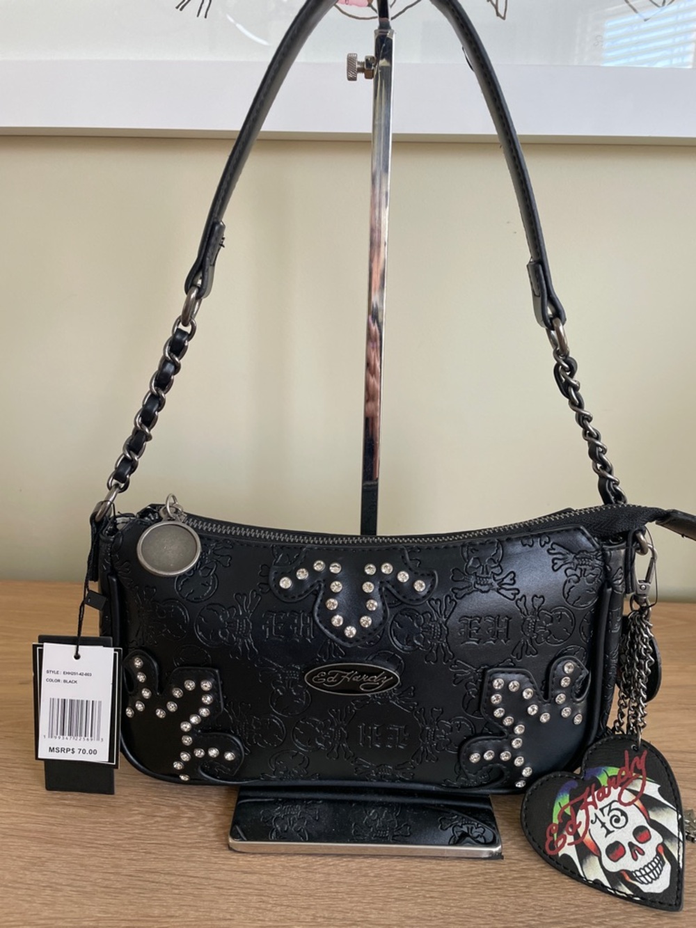 ED HARDY BLACK EMBOSSED SKULL BAGUETTE BAG with Rhinestone Studs and Bag Charm